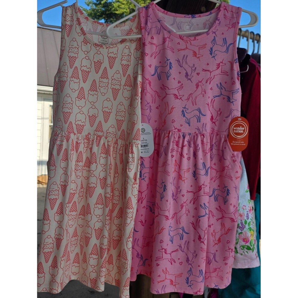 wonder nation Girls Pink Unicorn & Cream Ice Cream Print Summer Dresses 10-12 L